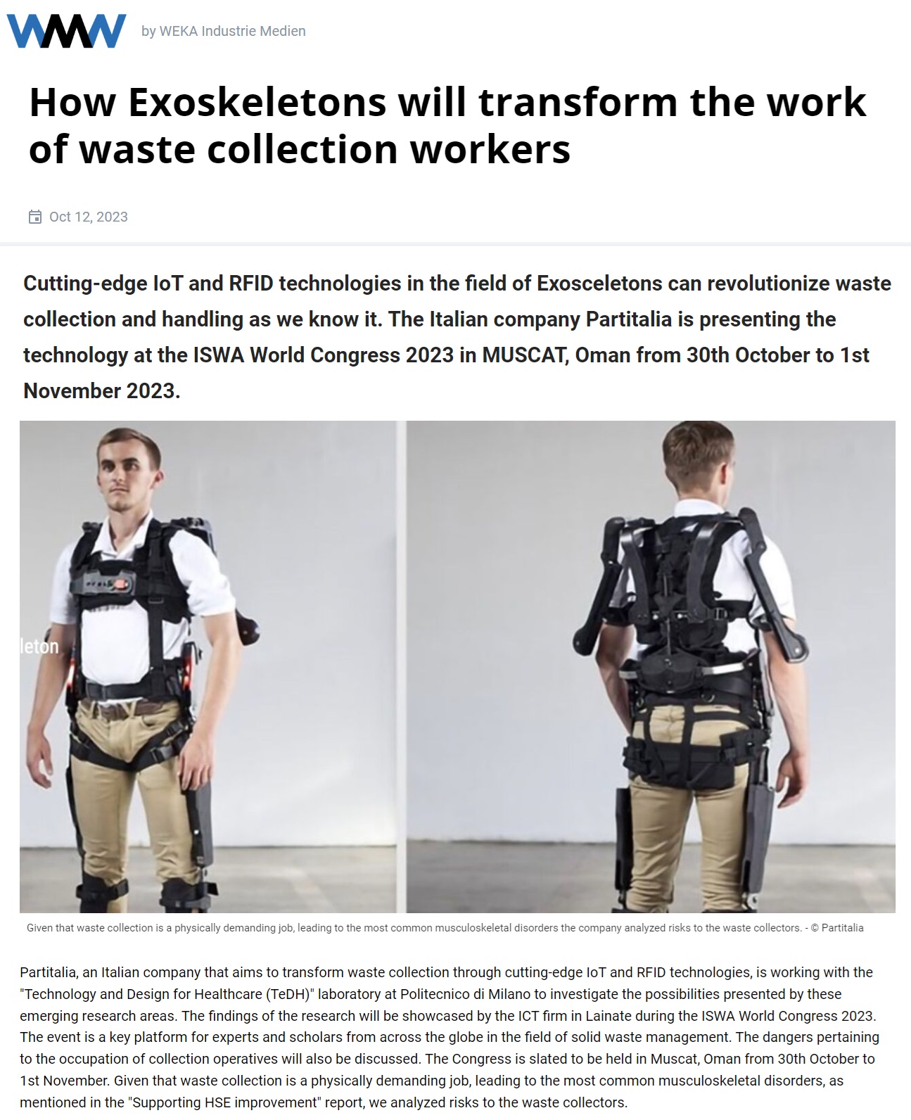 partitalia presents exoskeletons for waste collection workers at iswa world congress 2023